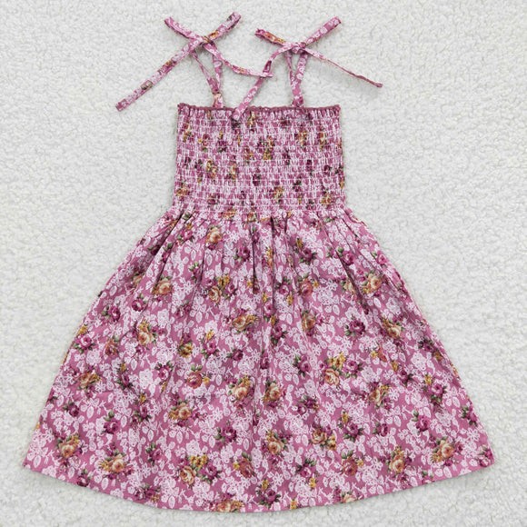 GSD0377-Girls Sleeveless Strap Casual Floral Pink Dresses