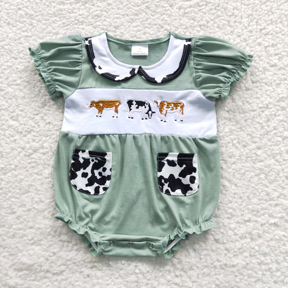 embroidered  cow green baby girls bubble