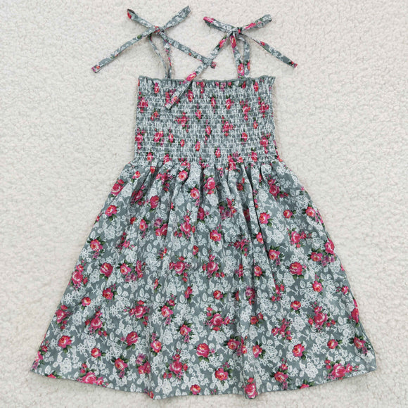Girls Sleeveless Strap Casual Spring Floral Pink Dresses-GSD0378