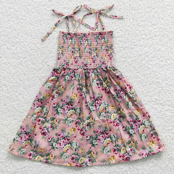 Girls Sleeveless Strap Casual Floral Pink Dresses