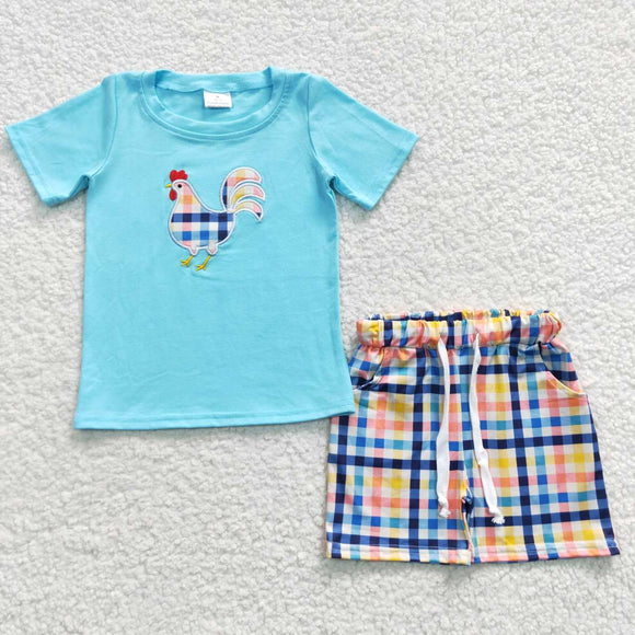 summer embroidered chicken plaid boy outfit