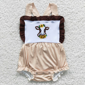 short sleeve embroidered sunflower and cow girls baby romper
