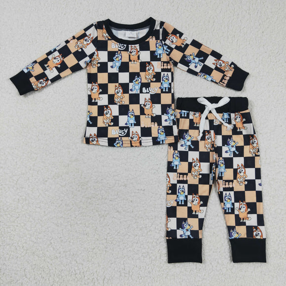 long sleeve cartoon blue dog checkerboard boy outfit