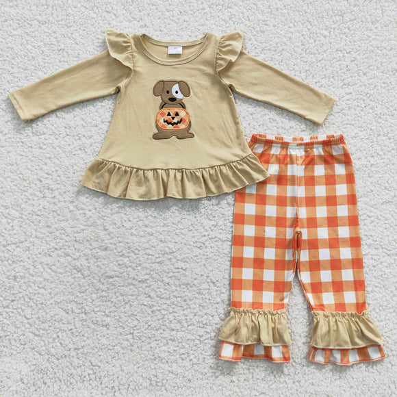 Halloween embroidered pumpkin and dog girls outfit