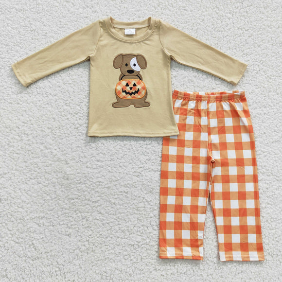 Halloween embroidered pumpkin and dog boys outfit