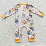 cartoon blue dog orange zip romper