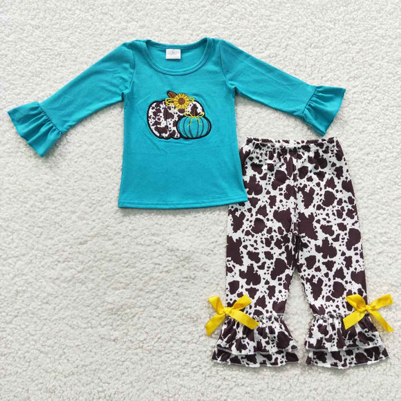 GLP0461-Halloween pumpkin blue and leopard girls  clothing