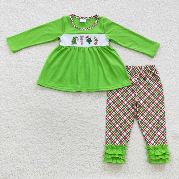 long sleeve Christmas embroidered green girls outfit