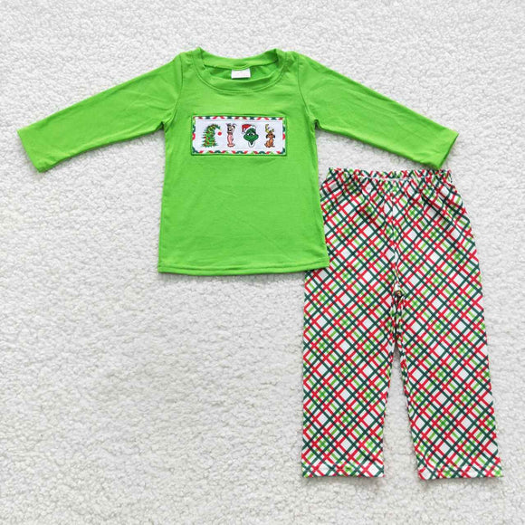 long sleeve Christmas embroidered green boy outfit