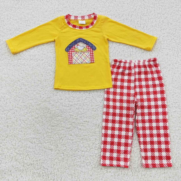 long sleeve appliqué yellow and red plaid boy outfit