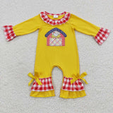 long sleeve appliqué chicken yellow girls romper