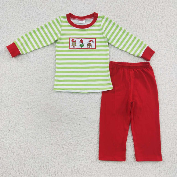 long sleeve Christmas embroidered green and red cartoon boy outfit