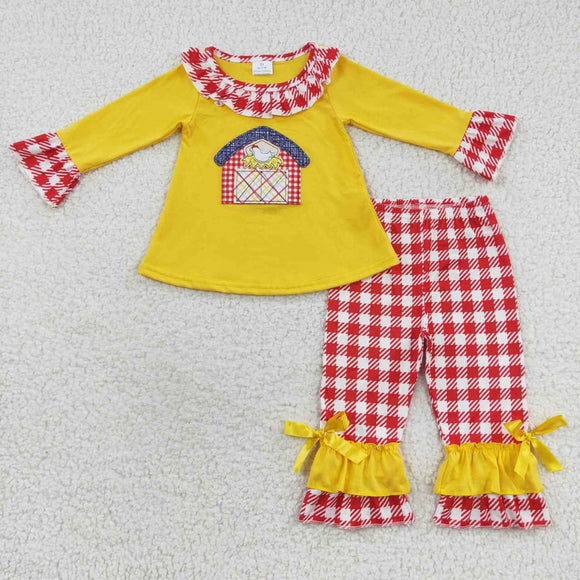 long sleeve applique chicken yellow and red plaid girl outfit