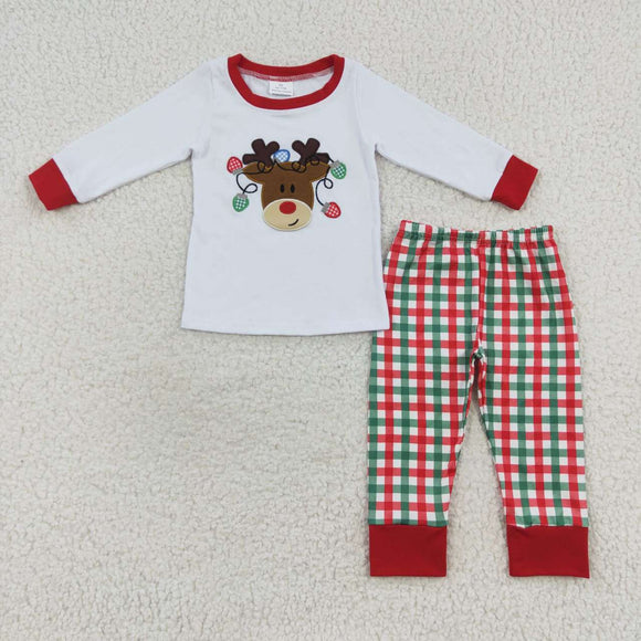 Christmas embroidered lights and deer white boys and girls pajamas