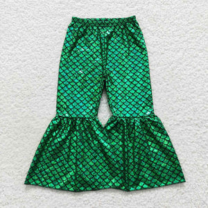 P0250--green satin Fish scale Bell bottoms