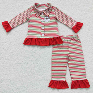 Christmas embroidered Santa stripe girls pajamas