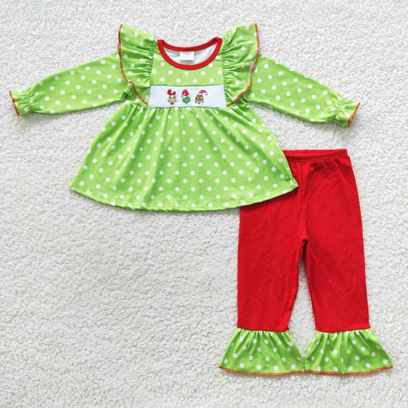 long sleeve Christmas embroidered green and red cartoon girls outfit