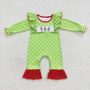 Christmas long sleeve embroidered green girl romper