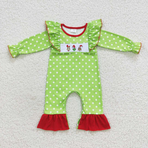 Christmas long sleeve embroidered green girl romper