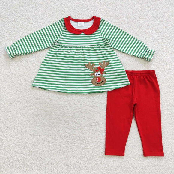 -GLP0451--Christmas embroidered deer green and red long sleeve girl outfit