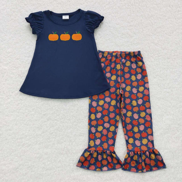 short sleeve embroidered pumpkin navy blue girls clothing