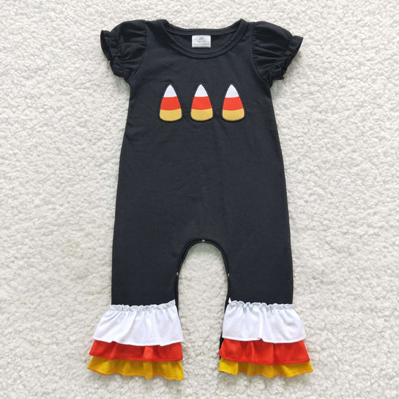 Halloween candy embroidered corn black girls romper
