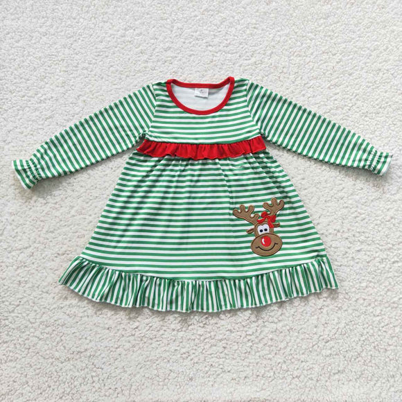 -GLD0207- long sleeve embroidered deer green girls dress