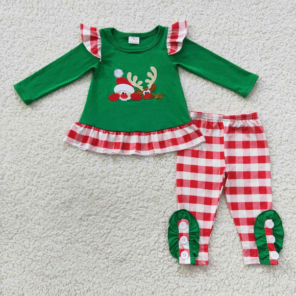 long sleeve embroidered Snowmen and elk green girls outfit