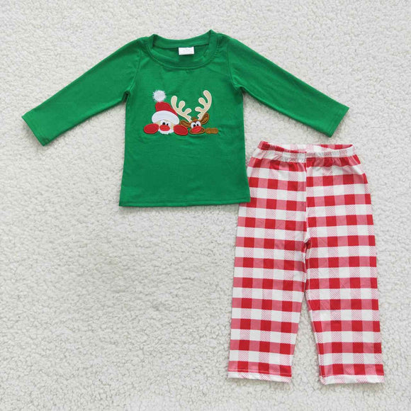 long sleeve embroidered Snowmen and elk green boy outfit