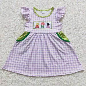 short sleeve embroidered Halloween purple plaid dress