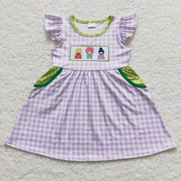 short sleeve embroidered Halloween purple plaid dress