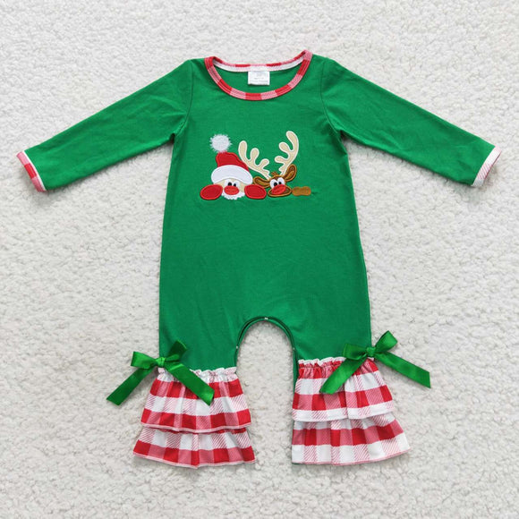 Christmas long sleeve embroidered Snowmen and elk girls romper