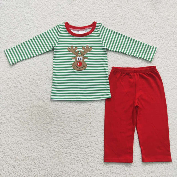 BLP0180--Christmas embroidered deer green and red long sleeve boy outfit