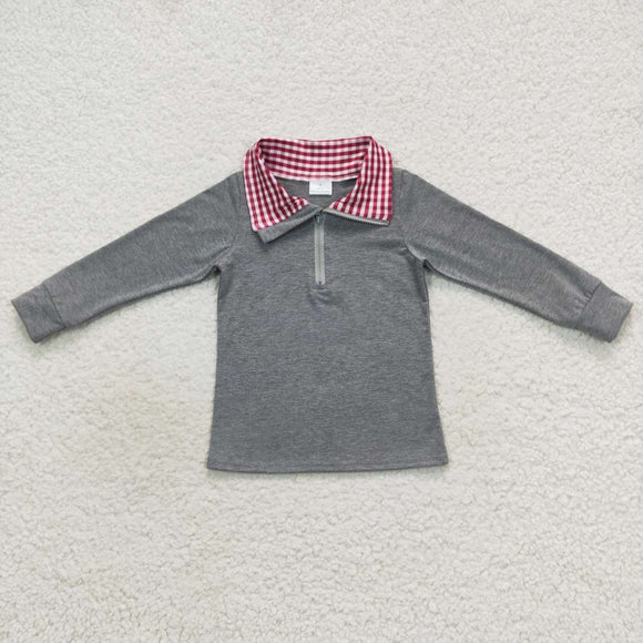grey and red plaid pullover