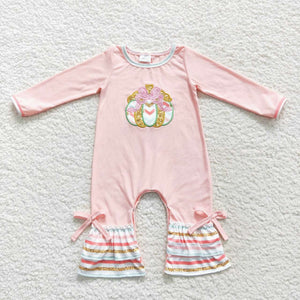 Halloween embroidered pumpkin pink romper