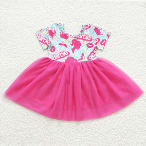 short sleeve cartoon girls tulle pink dress