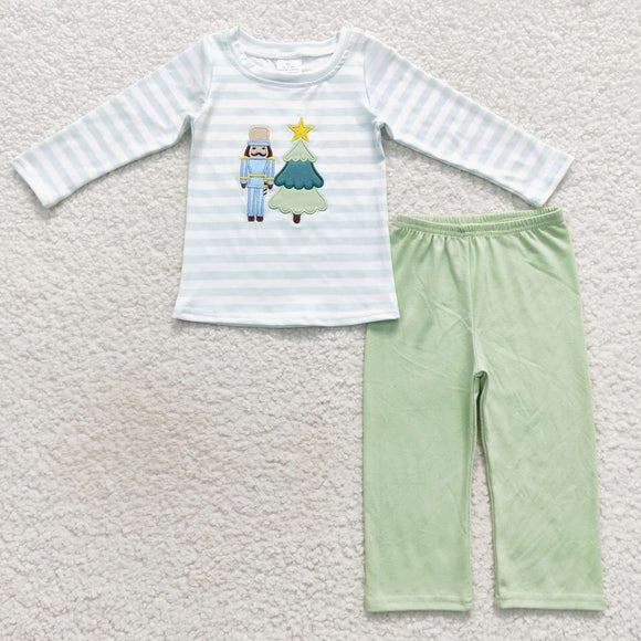 Christmas embroidered tree blue stripe and green pants boy clothing