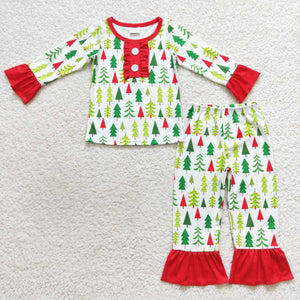long sleeve Christmas tree girls pajamas