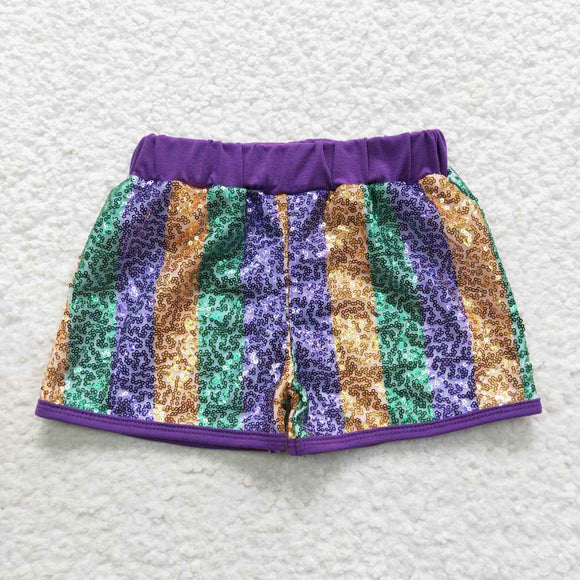 purple/yellow/green sequined shorts