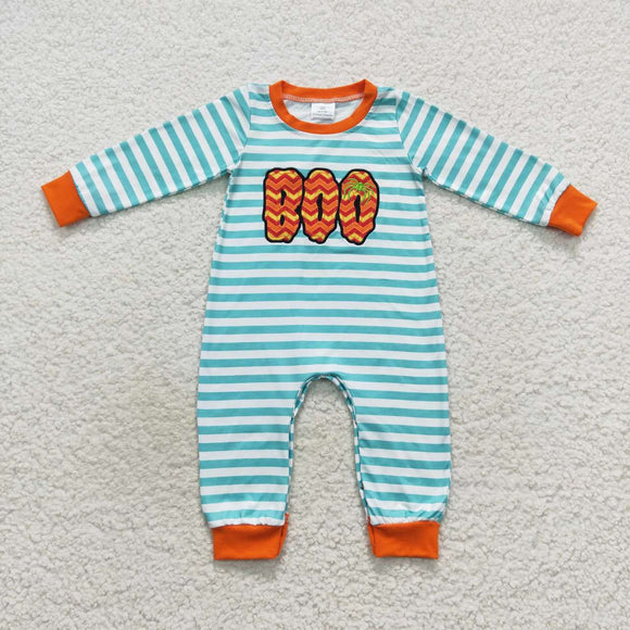Long sleeve  Halloween embroidered boo green romper