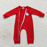 long sleeve embroidered Christmas red cotton boy zip romper