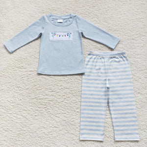 Christmas embroidered lineman light blue boy outfits