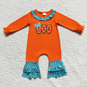 Long sleeve  Halloween embroidered boo orange girls romper
