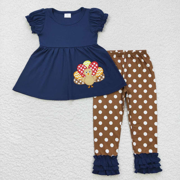 GSPO0795--Thanksgiving embroidered Turkey navy blue girls outfits