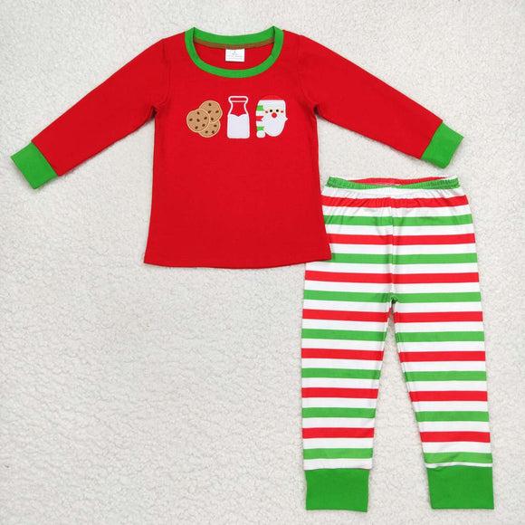 BLP0313--long sleeve Christmas embroidered cookies and milk red boy pajamas