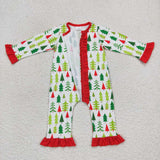 LR0626--Christmas TREE green girls zip romper