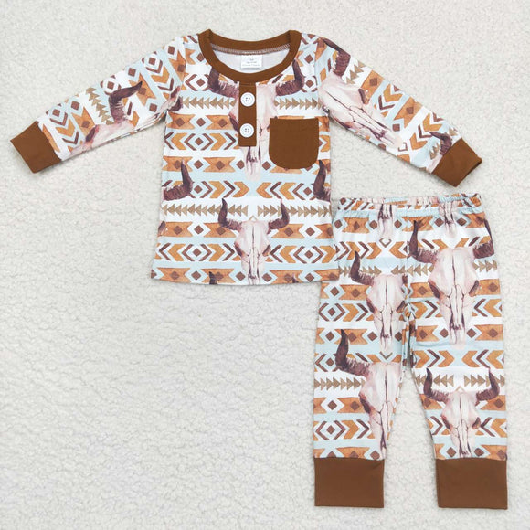 BLP0341-- western SKULL COW brown boys pajamas outfits