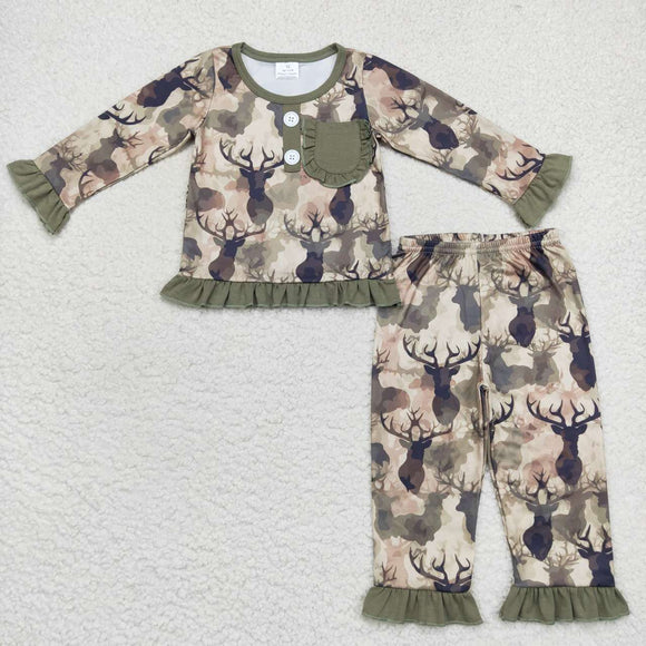 GLP0747-- long sleeve milk silk deer girls green pajamas