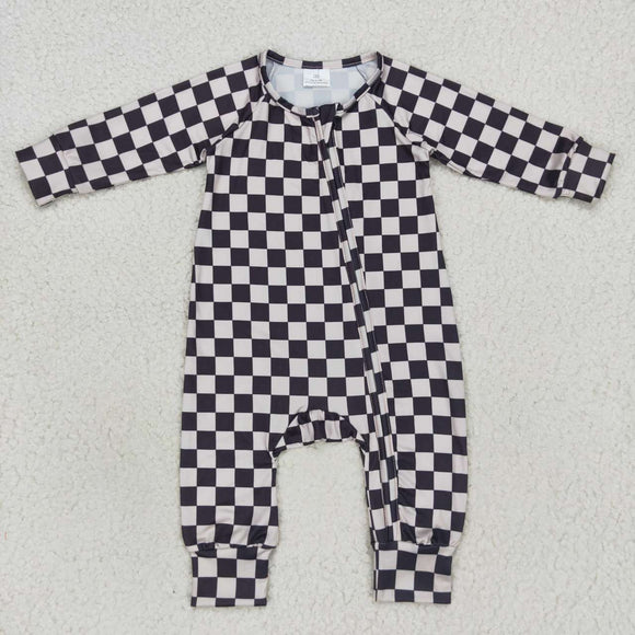 LR0655--Black checkerboard zip baby romper