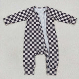 LR0655--Black checkerboard zip baby romper